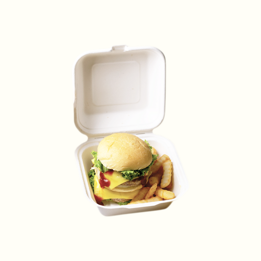 square take-out container with burger