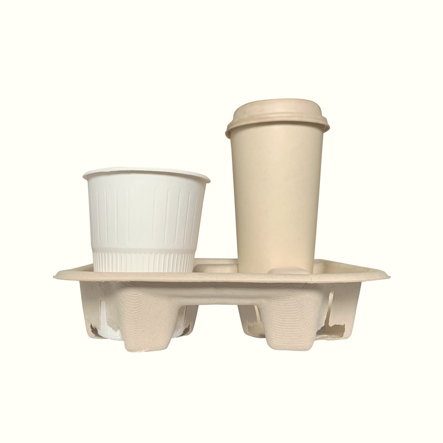 Econtainer C400 4-Cup Sugarcane Bagasse Holder Tray Compostable and Eco-friendly [50 pcs.]