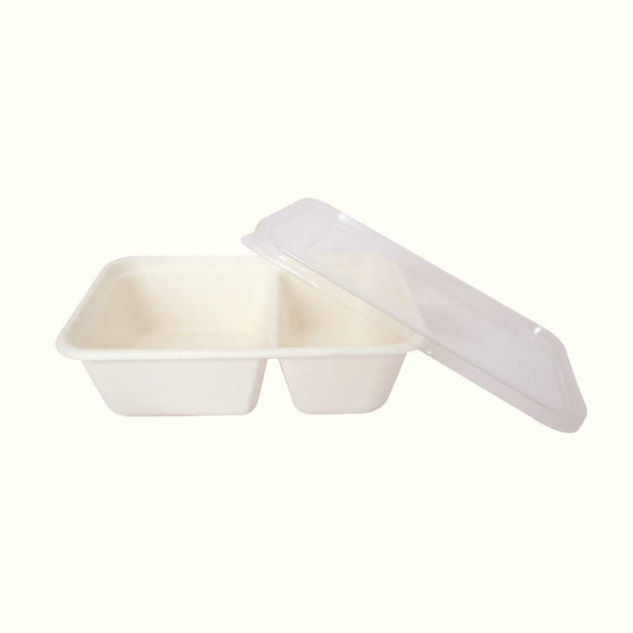 Econtainer T602 600ml Sugarcane Bagasse 2-compartment RectangularTray Compostable and Eco-friendly Food Packaging [50 pcs.]