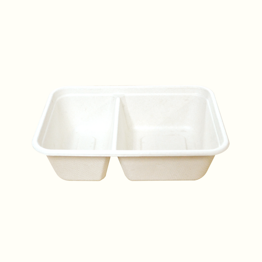 Econtainer T602 600ml Sugarcane Bagasse 2-compartment RectangularTray Compostable and Eco-friendly Food Packaging [50 pcs.]
